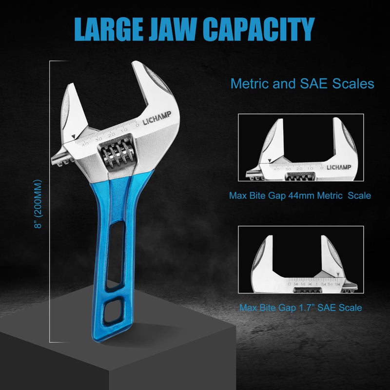 Lichamp 8-Inch Stubby Adjustable Wrench with 44 mm Wide Jaw Opening for Plumbing Automotive and Industry Tight Spaces Work - Image 2